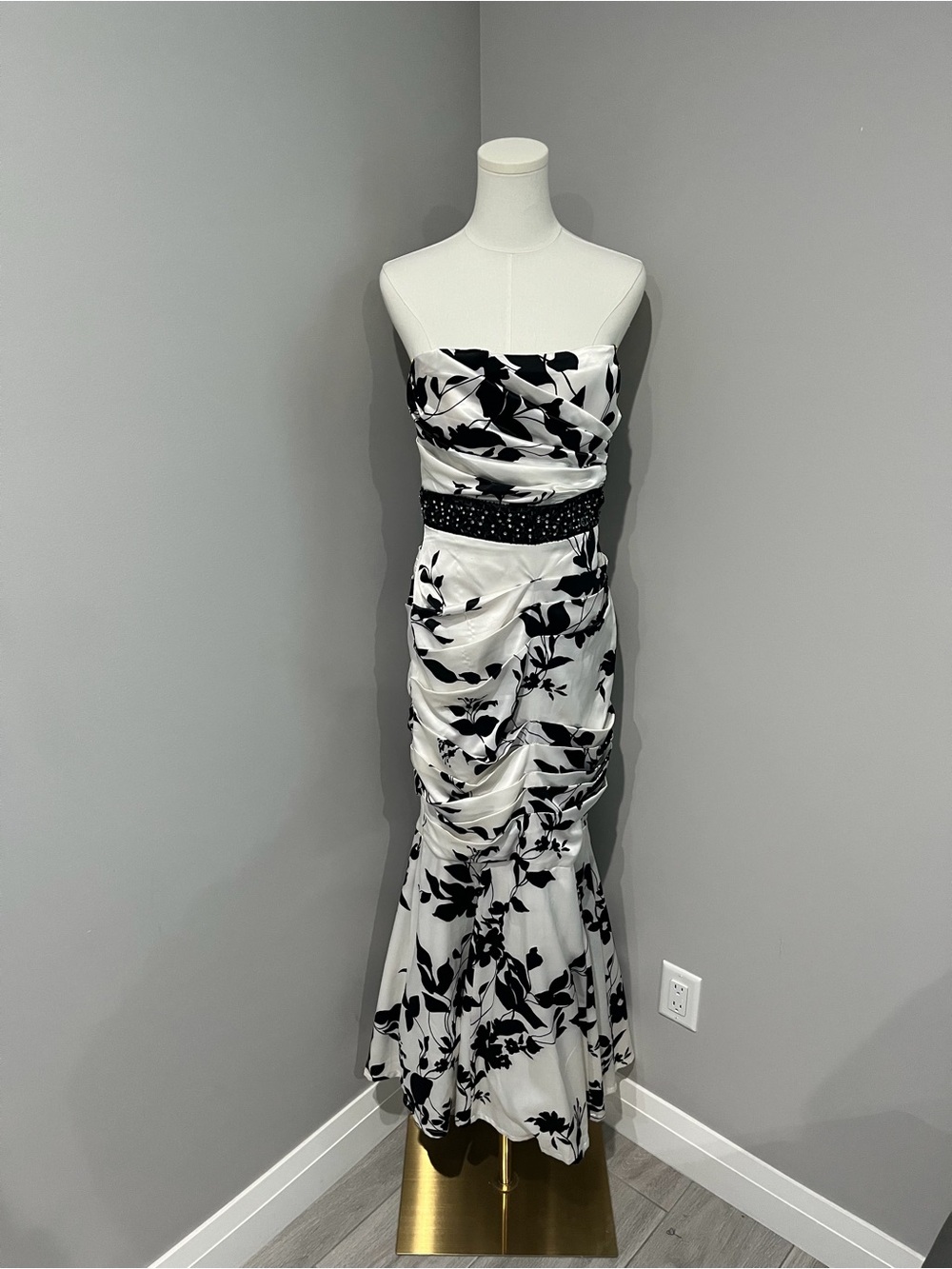 Black & White Strapless Floral Evening Gown with Embellished Waist